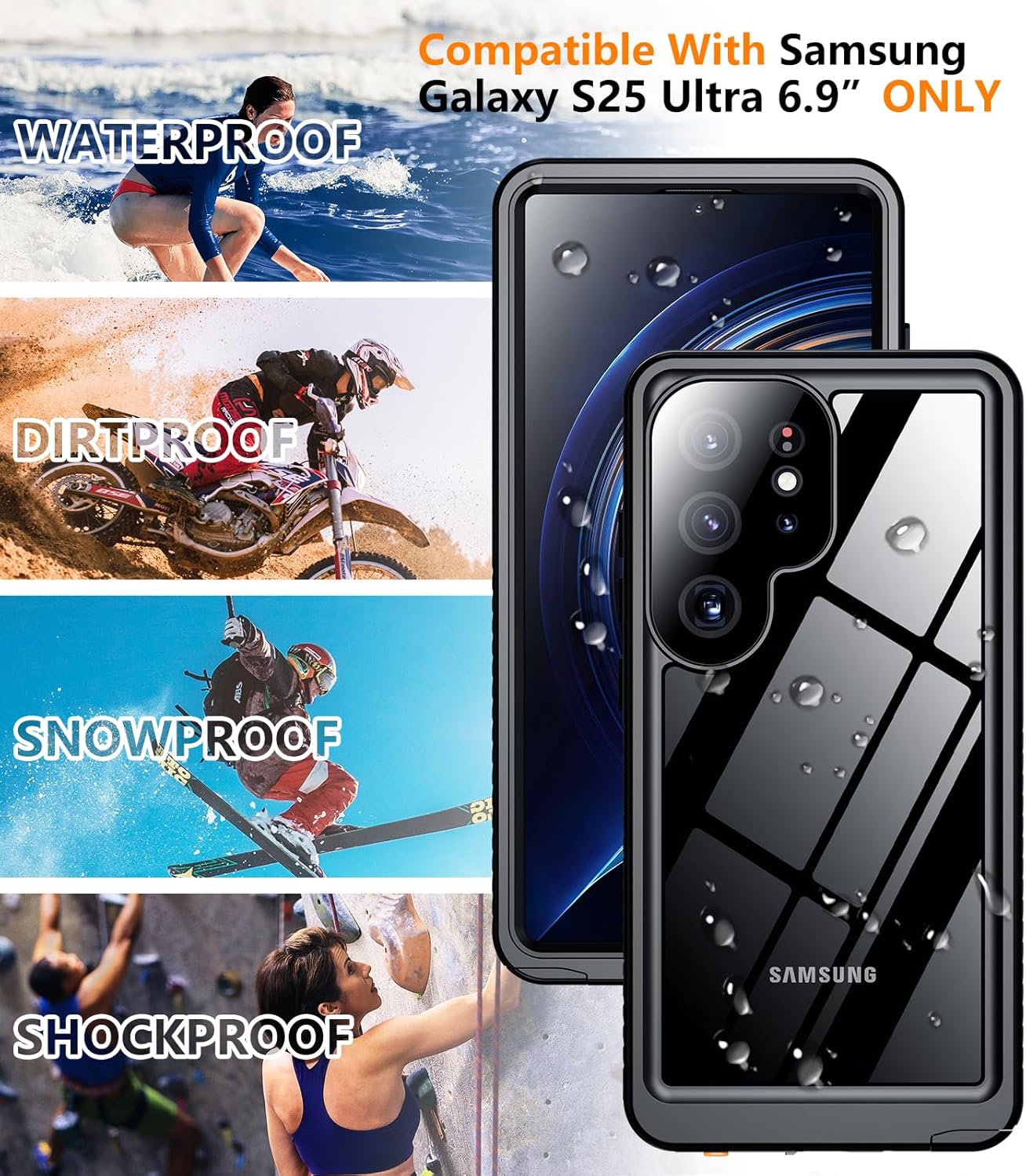 Temdan Designed for Samsung Galaxy S25 Ultra Case Waterproof, Built-in Lens & Screen Protector Military Grade Shockproof Dropproof IP68 Underwater Full Body Phone Case for Galaxy S25 Ultra 6.9"-Black