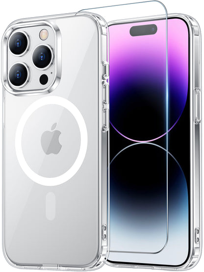 Temdan for iPhone 14 Pro Max Case Clear with Screen Protector, Compatible with Magsafe, Anti-Yellowing, Military-Grade Protection, Shockproof Slim Magnetic Phone Case Cover, Transparent