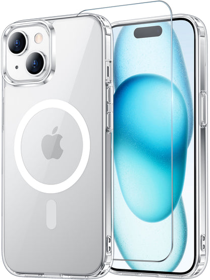 Temdan for iPhone 15 Plus Case & iPhone 14 Plus Case Clear with Screen Protector, Compatible with Magsafe, Military-Grade Protection, Shockproof Slim Magnetic Phone Case Cover, Transparent