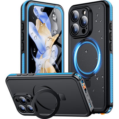 Temdan Magnetic for iPhone 16 Pro Case Waterproof, [Built-in Ring Invisible Stand & Screen Protector][IP68 Underwater][Dropproof][Dustproof][Real 360] Shockproof Protective Phone Case 6.3'' -Blue