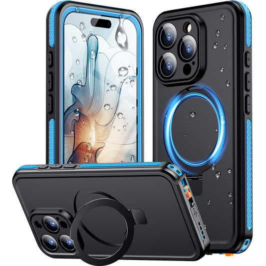 Temdan Magnetic for iPhone 16 Pro Max Case Waterproof, [Built-in Ring Invisible Stand & Screen Protector][IP68 Underwater][Dropproof][Dustproof][Real 360] Shockproof Protective Phone Case 6.9'' -Blue