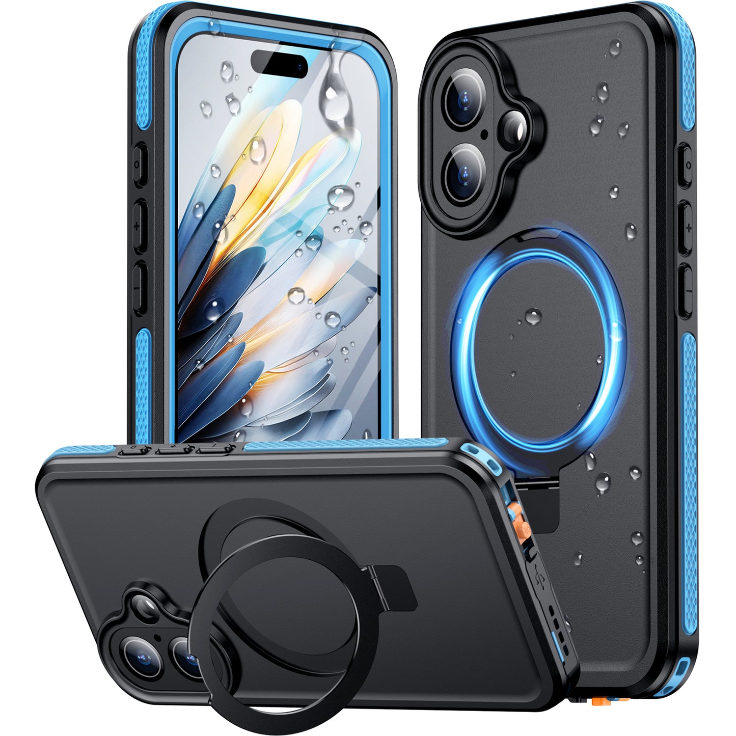 Temdan Magnetic for iPhone 16 Case Waterproof, [Built-in Ring Invisible Stand & Screen Protector][IP68 Underwater][Dropproof][Dustproof][Real 360] Shockproof Protective Phone Case 6.1'' -Blue