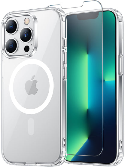 Temdan for iPhone 13 Pro Max Case Clear with Screen Protector, Compatible with Magsafe, Anti-Yellowing, Military-Grade Protection, Shockproof Slim Magnetic Phone Case Cover, Transparent