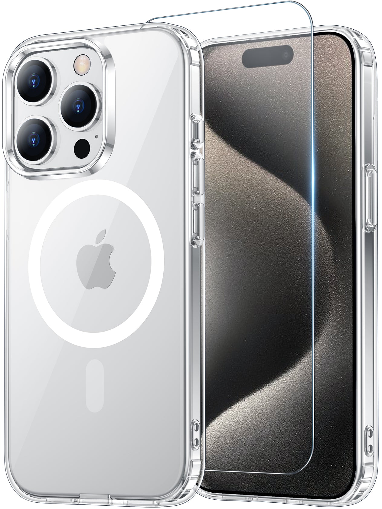 Temdan for iPhone 15 Pro Case Clear with Screen Protector, Compatible with Magsafe, Anti-Yellowing, Military-Grade Protection, Shockproof Slim Magnetic Phone Case Cover, Transparent