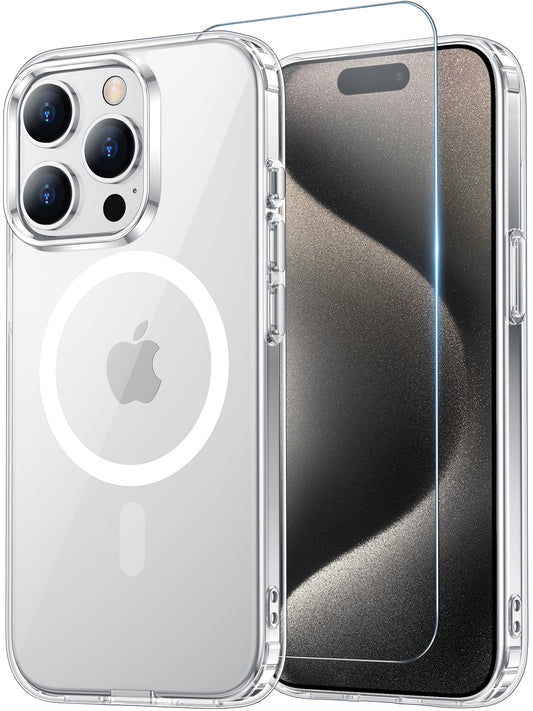 Temdan for iPhone 15 Pro Case Clear with Screen Protector, Compatible with Magsafe, Anti-Yellowing, Military-Grade Protection, Shockproof Slim Magnetic Phone Case Cover, Transparent