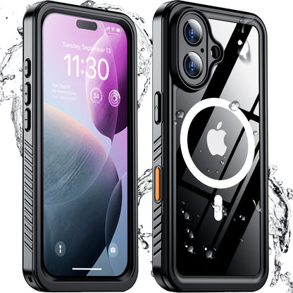 Temdan Magnetic for iPhone 16 Plus Case Waterproof,Built-in Screen Protector[IP68 Underwater][Upgrade Military Dropproof][Compatible with MagSafe] Full Body Shockproof Translucent Case 6.7''-Black