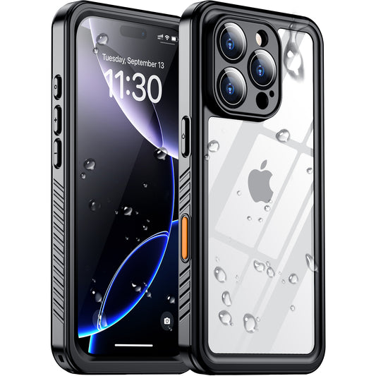 Temdan Compatible with iPhone 16 Pro Case Waterproof, Built-in Screen & Camera Protector IP68 Underwater Full Body 16FT Military Dropproof Shockproof Phone Case 6.3"-Black/Clear