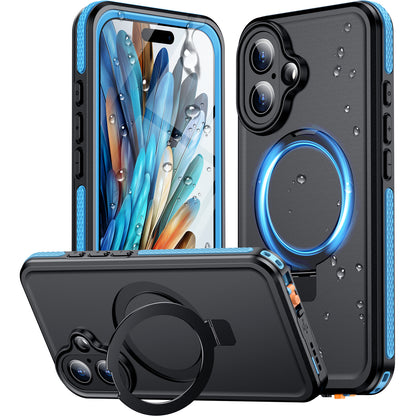 Temdan Magnetic for iPhone 16 Plus Case Waterproof, [Built-in Ring Invisible Stand & Screen Protector][IP68 Underwater][Dropproof][Dustproof][Real 360] Shockproof Protective Phone Case 6.7'' -Blue