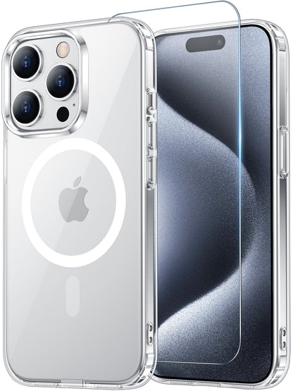 Temdan for iPhone 15 Pro Max Case Clear with Screen Protector, Compatible with Magsafe, Anti-Yellowing, Military-Grade Protection, Shockproof Slim Magnetic Phone Case Cover, Transparent
