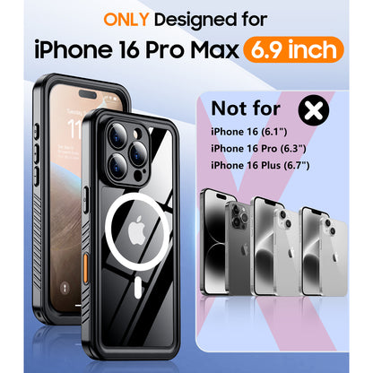 Temdan Magnetic for iPhone 16 Pro Max Case Waterproof,Built-in Screen Protector[IP68 Underwater][Upgrade Military Dropproof][Compatible with MagSafe] Full Body Shockproof Translucent Case 6.9''-Black