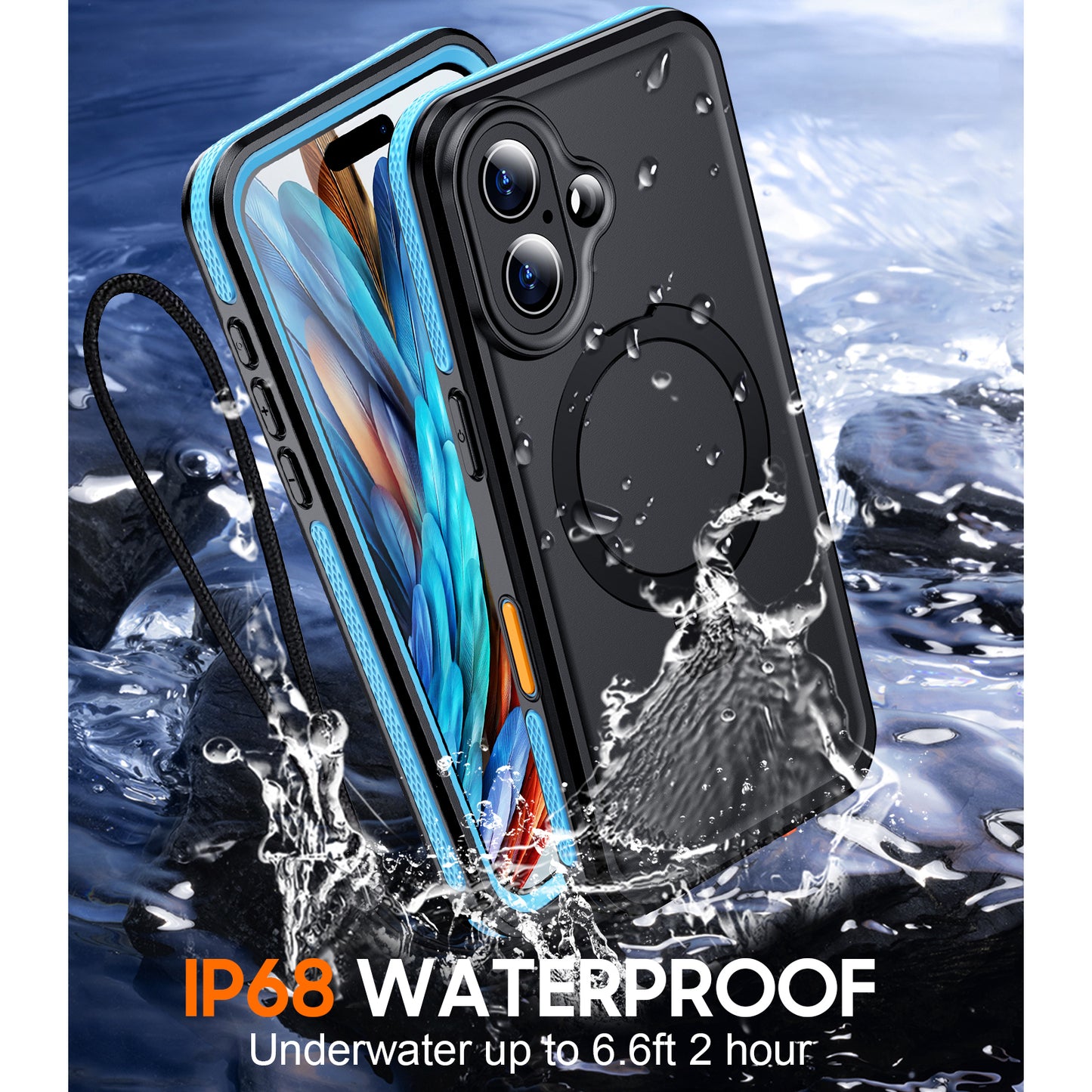 Temdan Magnetic for iPhone 16 Plus Case Waterproof, [Built-in Ring Invisible Stand & Screen Protector][IP68 Underwater][Dropproof][Dustproof][Real 360] Shockproof Protective Phone Case 6.7'' -Blue