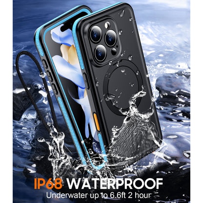 Temdan Magnetic for iPhone 16 Pro Case Waterproof, [Built-in Ring Invisible Stand & Screen Protector][IP68 Underwater][Dropproof][Dustproof][Real 360] Shockproof Protective Phone Case 6.3'' -Blue