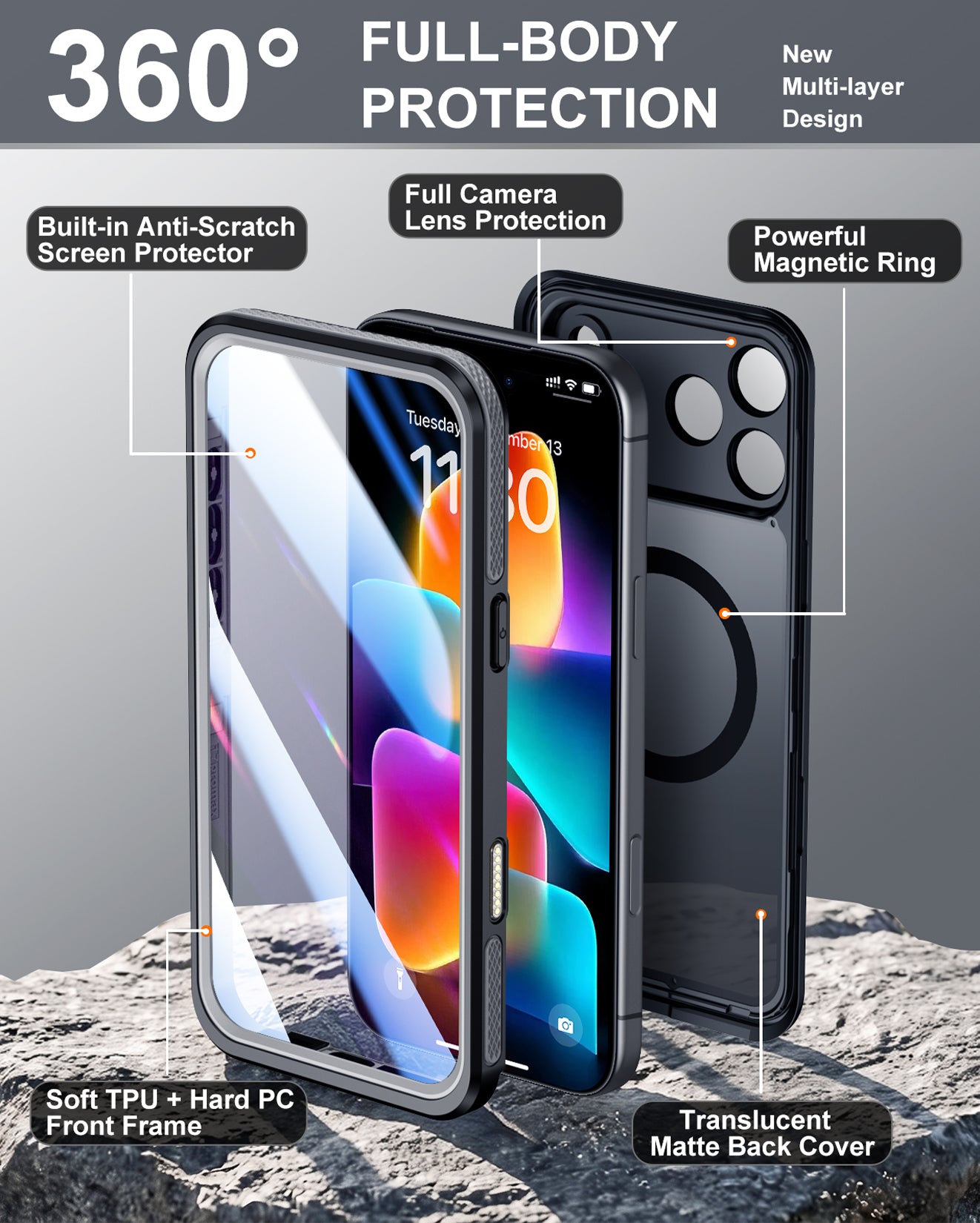Temdan Designed for Phone 18 Pro Max Case Waterproof, Black