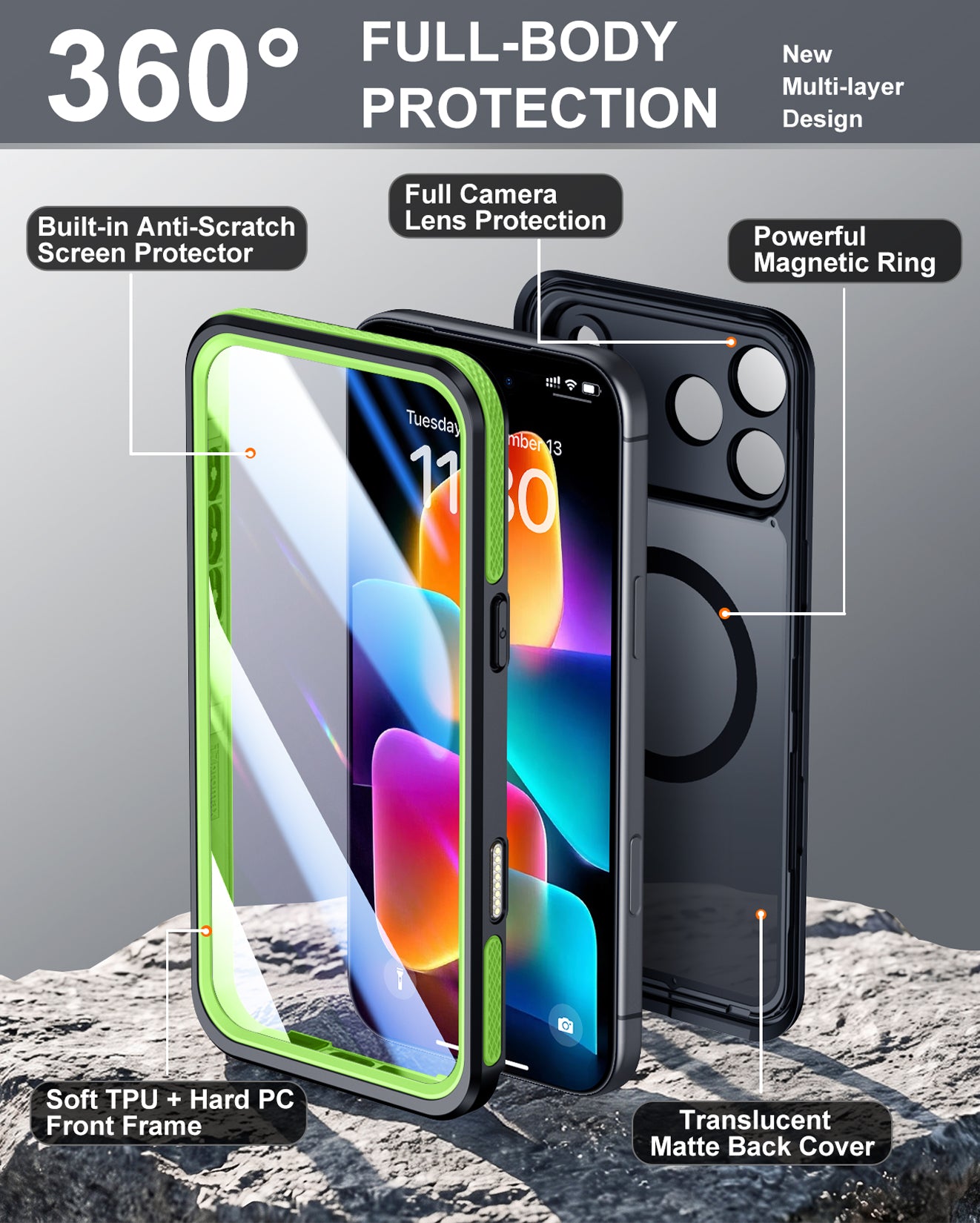Temdan Designed for Phone 18 Pro Max Case Waterproof, Green