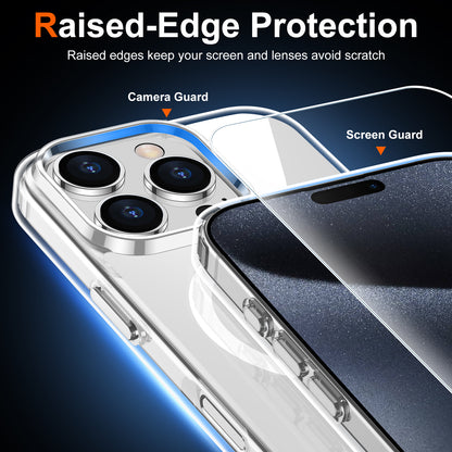 Temdan for iPhone 15 Pro Max Case Clear with Screen Protector, Compatible with Magsafe, Anti-Yellowing, Military-Grade Protection, Shockproof Slim Magnetic Phone Case Cover, Transparent