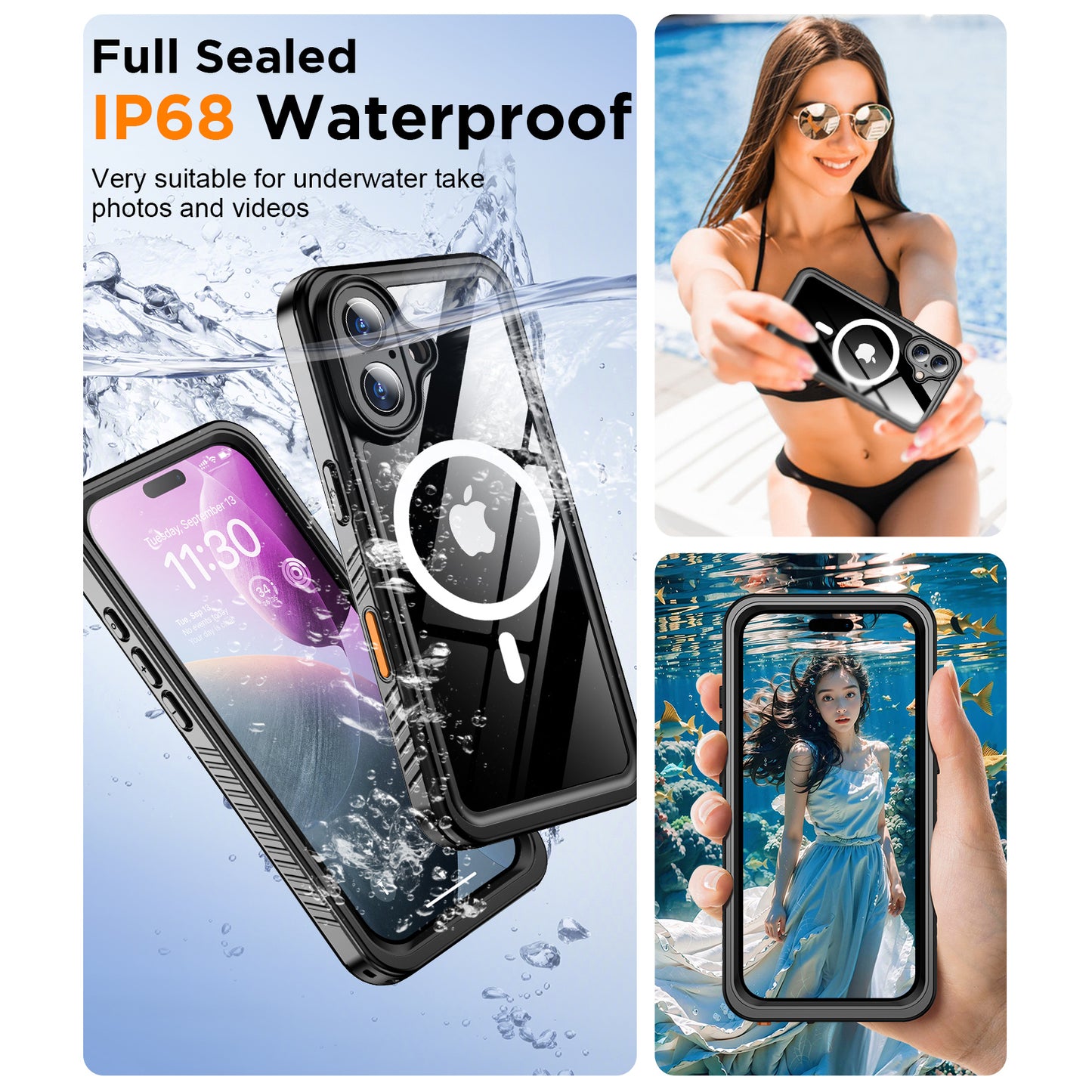 Temdan Magnetic for iPhone 16 Plus Case Waterproof,Built-in Screen Protector[IP68 Underwater][Upgrade Military Dropproof][Compatible with MagSafe] Full Body Shockproof Translucent Case 6.7''-Black