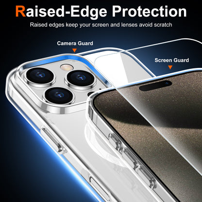 Temdan for iPhone 15 Pro Case Clear with Screen Protector, Compatible with Magsafe, Anti-Yellowing, Military-Grade Protection, Shockproof Slim Magnetic Phone Case Cover, Transparent