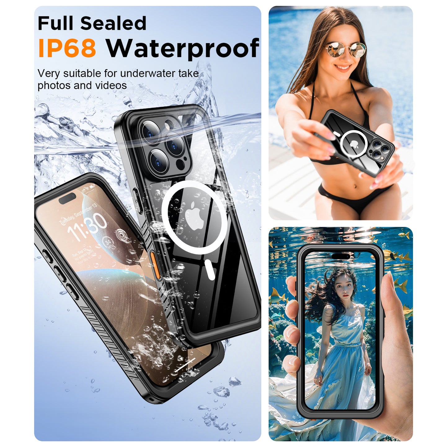 Temdan Magnetic for iPhone 16 Pro Max Case Waterproof,Built-in Screen Protector[IP68 Underwater][Upgrade Military Dropproof][Compatible with MagSafe] Full Body Shockproof Translucent Case 6.9''-Black