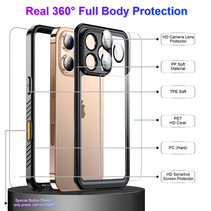 Temdan Compatible with iPhone 16 Pro Max Case Waterproof, Built-in Screen & Camera Protector IP68 Underwater Full Body 16FT Military Dropproof Shockproof Phone Case 6.9"-Black/Clear