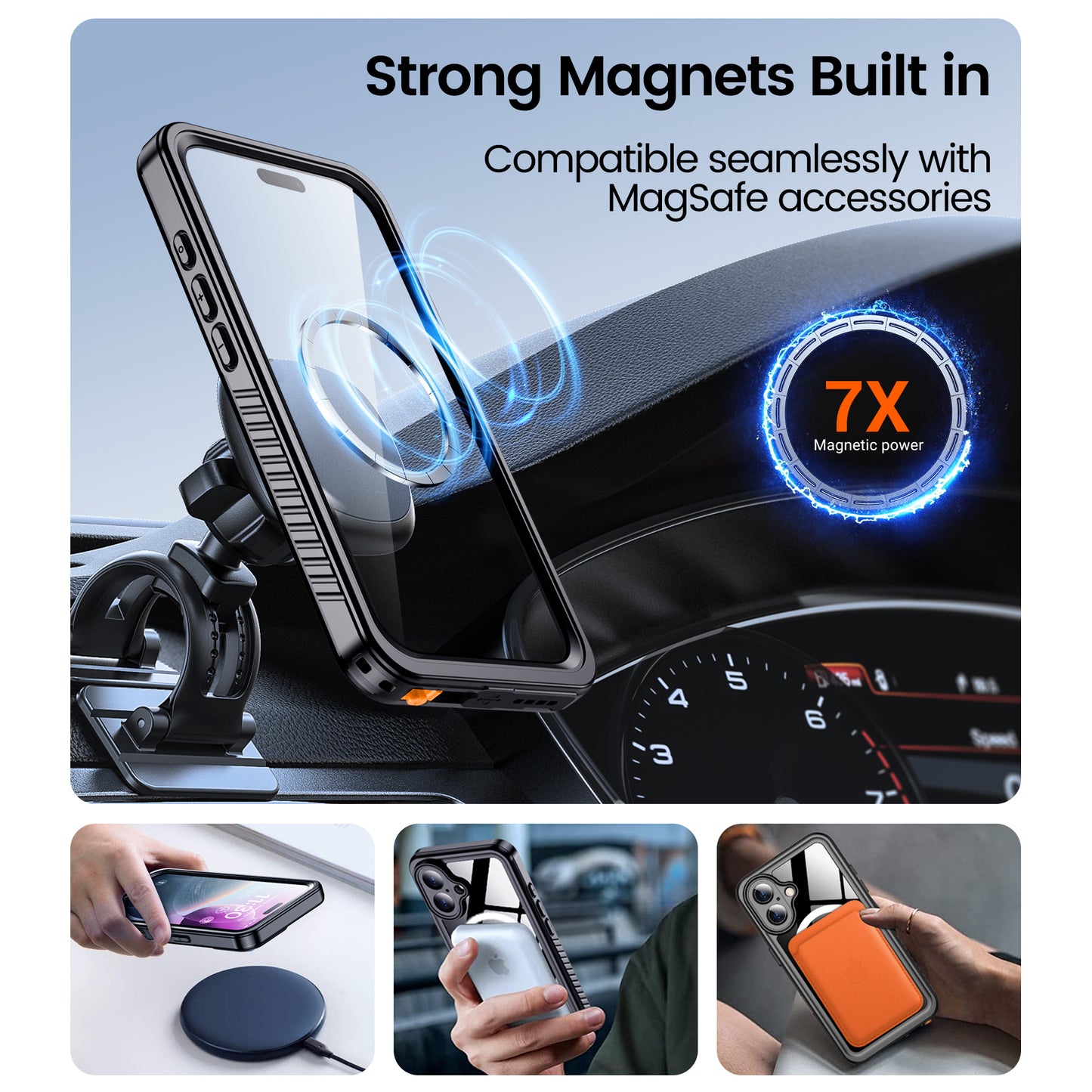 Temdan Magnetic for iPhone 16 Plus Case Waterproof,Built-in Screen Protector[IP68 Underwater][Upgrade Military Dropproof][Compatible with MagSafe] Full Body Shockproof Translucent Case 6.7''-Black