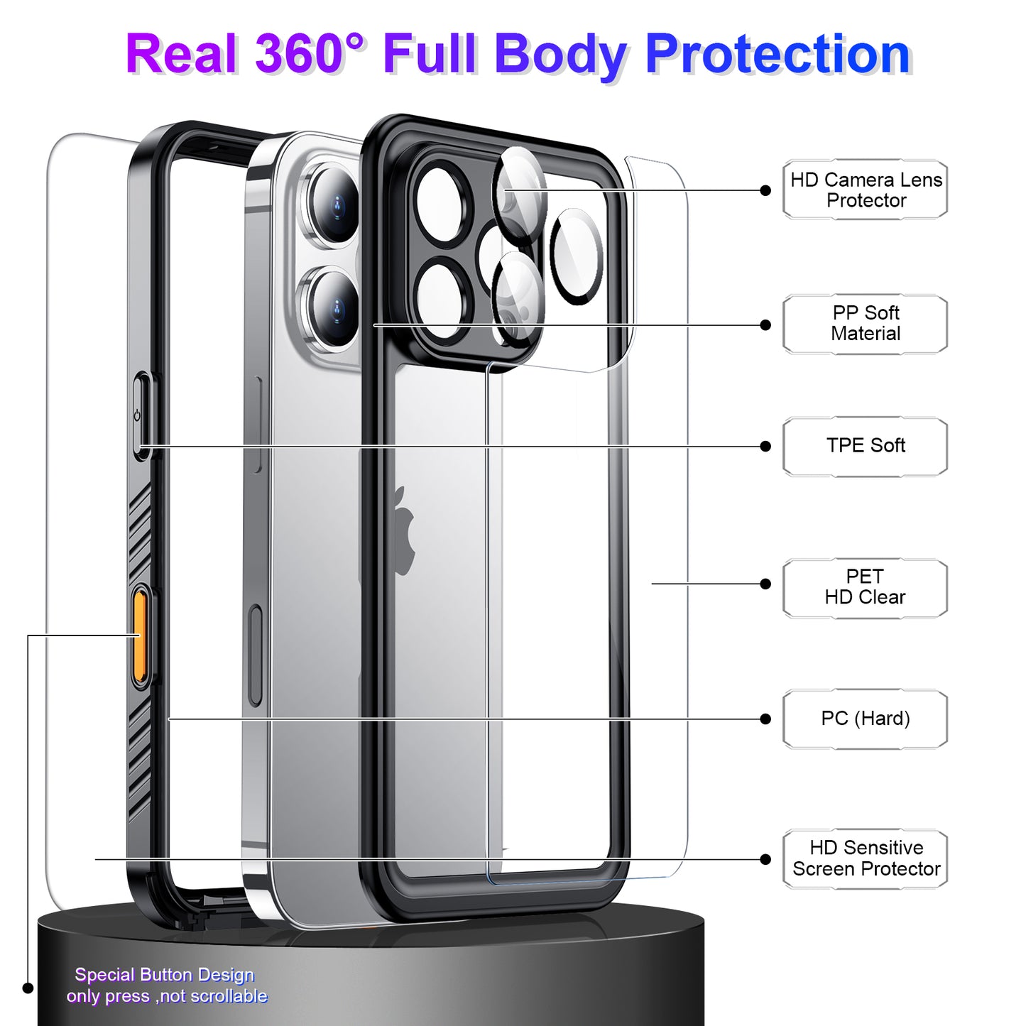 Temdan Compatible with iPhone 16 Pro Case Waterproof, Built-in Screen & Camera Protector IP68 Underwater Full Body 16FT Military Dropproof Shockproof Phone Case 6.3"-Black/Clear